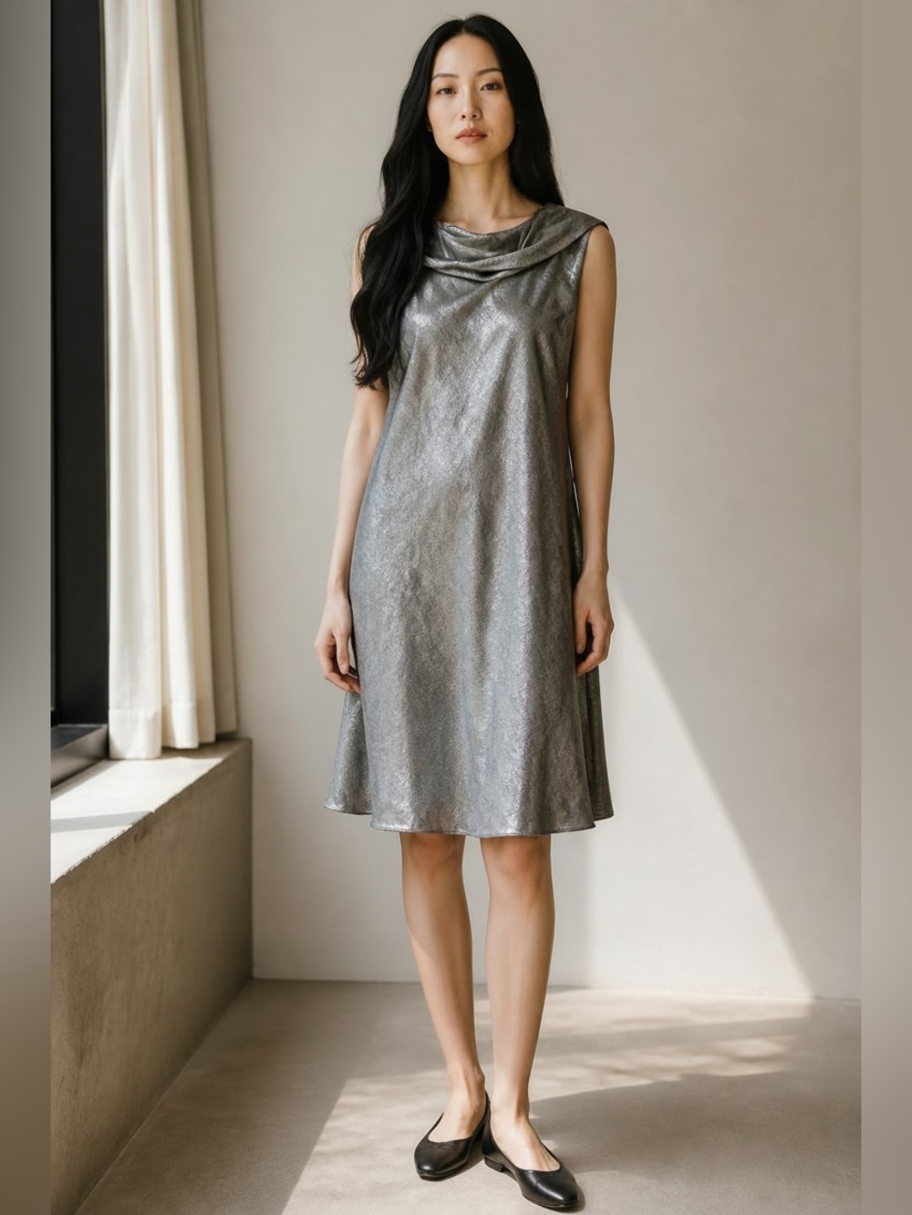 Zac Posen Metallic Silver Cowl-Neck Mini Dress Sz 12 Festive Party Designer